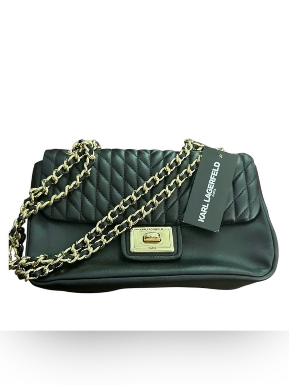 Karl Lagerfeld Black Quilted Shoulder Bag with Gold Chain